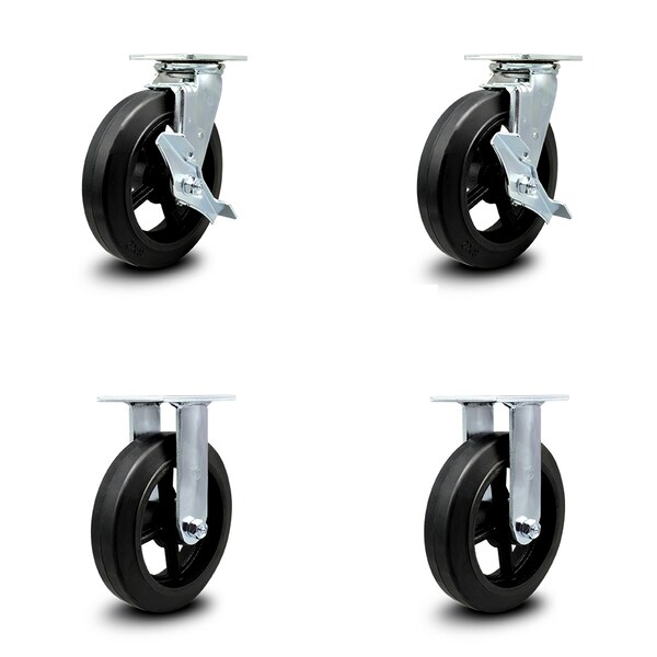 8 Inch Rubber on Steel Caster Set with Ball Bearings 2 Brakes 2 Rigid SCC